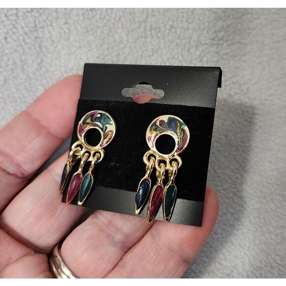 Vintage Gold Tone Swirl Dream Catcher Earrings Acrylic Maroon Dangle - Picture 3 of 8